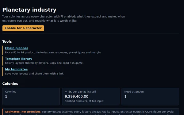 Planetary industry: the chain planner and layout templates, plus colonies and ISK per day at Jita prices